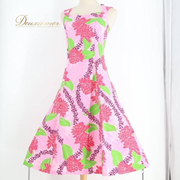 【中古】MermaidLine MMJ マーメイドライン フラダンス 衣装 ワンピース ドレス ピンク系 フラ ダンス ハワイアン ノースリーブ 緑 紫 花柄 マイレ柄 袖なし …