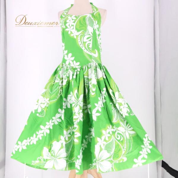 中古 Aloha Emika アロハエミカ フラダンス 衣装 ワンピース ドレス グリーン系 ホワイト系 ツーカラー ホルターネック プルメリア柄 かわいい 華やか 鮮…