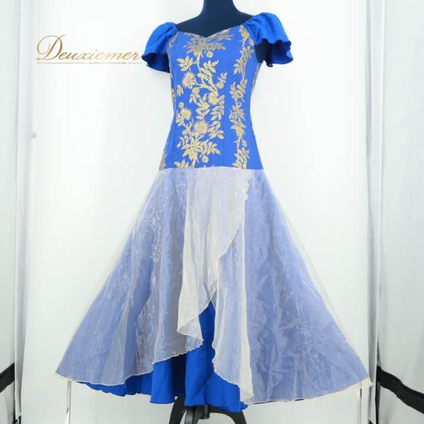 【中古】フラダンス 衣装 ワンピース ドレス ブルー系 フラ ダンス 青 金 ハワイアン レフア柄 花柄 オーガンジー 華やか アロハ かわいい ハワイアンプリント…