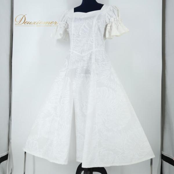【中古】MermaidLine MMJ マーメイドライン フラダンス 衣装 ワンピース ドレス ホワイト系 モンステラ柄 レイ柄 ヤシ柄 白 エムエムジェイ 日本製 爽やか 華…
