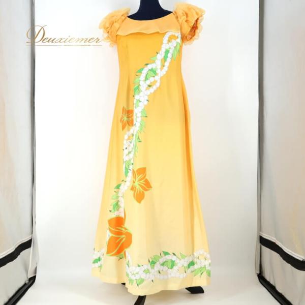 【中古】FANCY DRESS ファンシードレス フラダンス 衣装 ワンピース ドレス イエロー系 フラ ダンス 花柄 鮮やか 華やか 黄 白 緑 ハワイアン アロハ かわい…