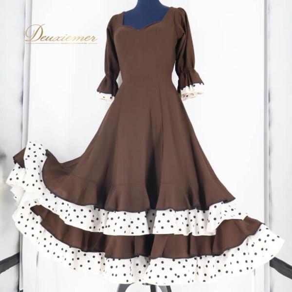 【中古】アトリエ喜美恵 フラメンコ 衣装 ワンピース ドレス 発表会衣装 レディース 水玉 ボランテ フリル 白 茶色 黒 ドット レトロ カントリー 発表会 ダン…