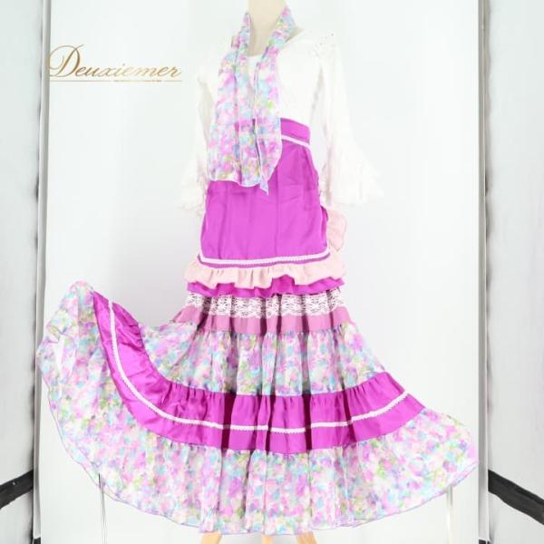 【中古】MAKIS COSTUMES マキコスチューム フラメンコ 衣装 ツーピース セットアップ 上下セット ファルダ スカート トップス エプロン 紫 白 花柄 ボランテ …