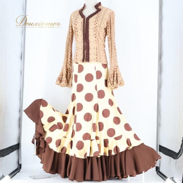 中古SONIA JOHNES ソニアジョーンズ フラメンコ 衣装 トップス ブラウス ファルダ スカート ツーピース セットアップ 水玉 ドット フリル 刺繍 イエローベ…