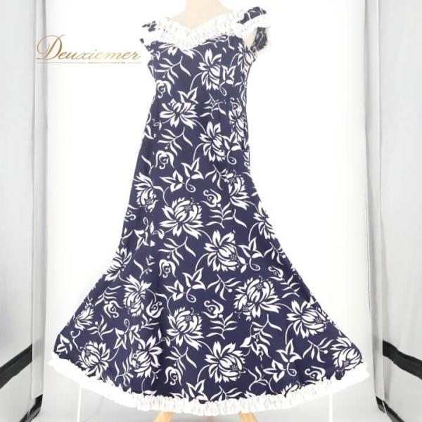 【中古】Princess Kaiulani プリンセスカイウラニ フラダンス 衣装 ワンピース ドレス ネイビー系 ハワイ製 ハワイアンプリント アロハ レッスン 練習 フラ ダ…