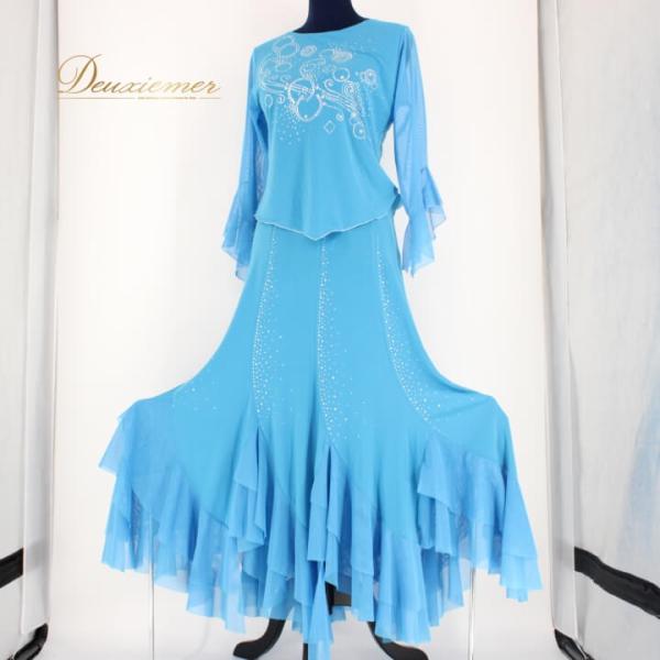 美品✨社交ダンス レッスンウェア Leirena コサージュ　ワンピース 中古】社交ダンス 衣装 スタンダード 上下セット ツーピース レッスン