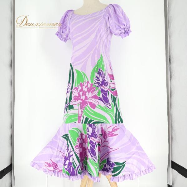 中古 T&L MUUMUU FACTORY ムームーファクトリー フラダンス 衣装 ワンピース ドレス ハワイ製 パープル系 半袖 フリル 花柄 植物柄 ハワイアンプリン…