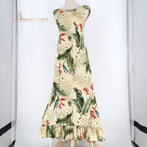 中古CC Fashions フラダンス 衣装 ワンピース ドレス ベージュ系 ハワイ製 プルメリア柄 ハワイアンプリント アロハ フラ ダンス レッスン 練習 ダンス衣…