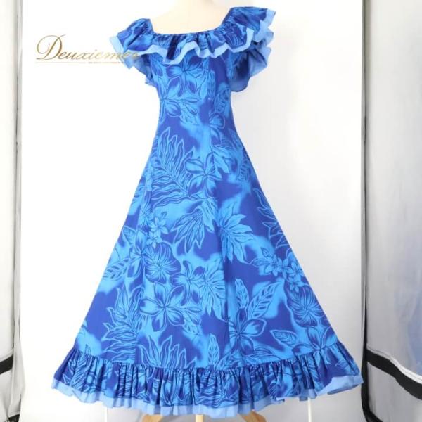 中古CC Fashions フラダンス 衣装 ワンピース ドレス ブルー系 ハワイ製 プルメリア柄 モンステラ柄 ハワイアンプリント アロハ フラ ダンス レッスン 練…