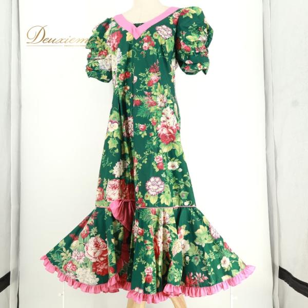 中古 Princess Kaiulani プリンセスカイウラニ フラダンス 衣装 ワンピース ドレス グリーン系 ハワイ製 花柄 植物柄 ハワイアンプリント フリル リボン …
