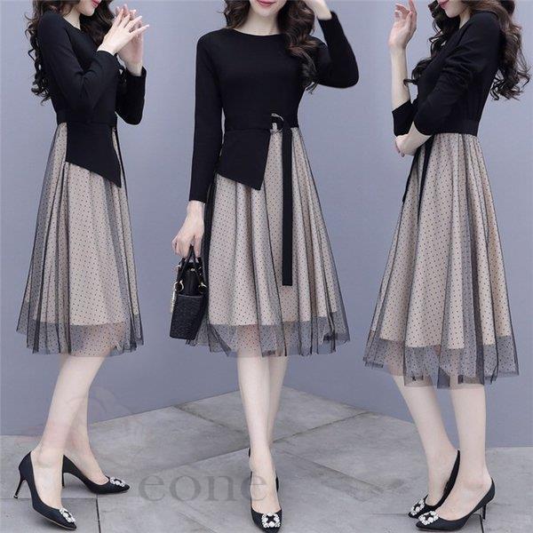 ワンピース ひざ丈ワンピース レディース Aライン ワンピ チュールスカート 長袖 膝丈 着痩せ 秋 冬 フォーマル 結婚式 コーデ 30代 40代 50代 通勤 Ol Aone 06 Lyq72 E One Store 通販 Yahoo ショッピング