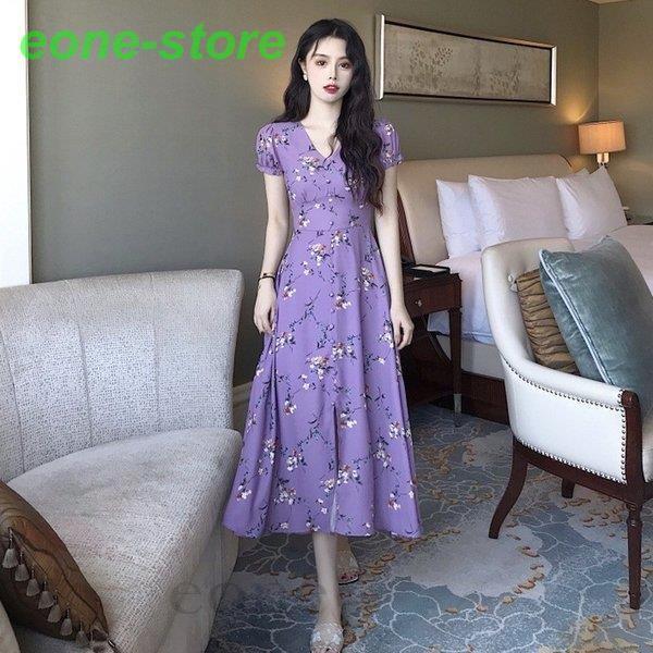 ワンピース Aライン レディース ドレス ロングワンピース 夏 Vネック ロング丈 花柄 半袖 パープル オシャレ スリム Dx29 E One Store 通販 Yahoo ショッピング