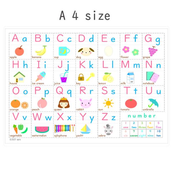 A4サイズのカラフルなアルファベット表（ABC表）です。■商品サイズ：A4サイズ（216×303ｍｍ）■ラミネート加工済みですので、破れにくく長期間使用できます。（多少の波うちがある場合もございます）  ※水やお湯でぬらしていただければお風...