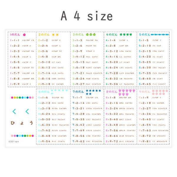 A4サイズのカラフルなかけ算ポスターです。（epreオリジナルデザイン）■商品サイズ：A4サイズ（216×303ｍｍ）■ラミネート加工済みですので、破れにくく長期間使用できます。（多少の波うちがある場合もございます）  ※水やお湯でぬらして...