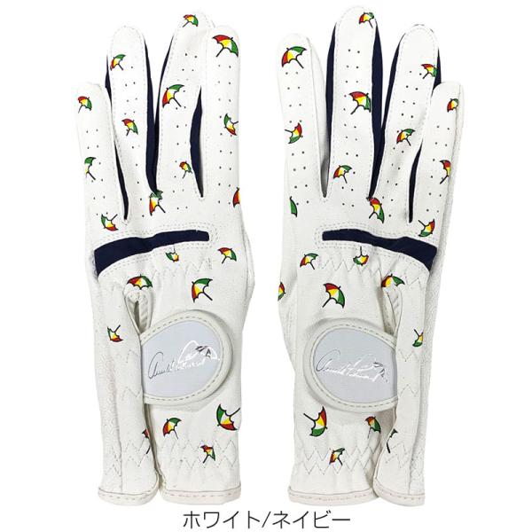 ※この商品は「代金引換」はご利用いただけません。アーノルドパーマーのレディース用ゴルフグローブ（両手用）全面にパラソルロゴがプリントされたグローブです。【サイズ】18cm/19cm/20cm/21cm/22cm 【カラー】ホワイト/ネイビー...