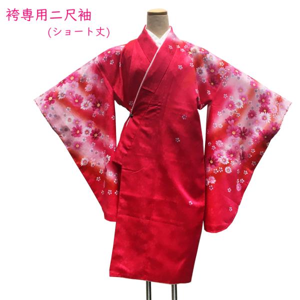 二尺袖 振袖 洗える着物 No.05 赤 白 コスモス ガーベラ ショート丈