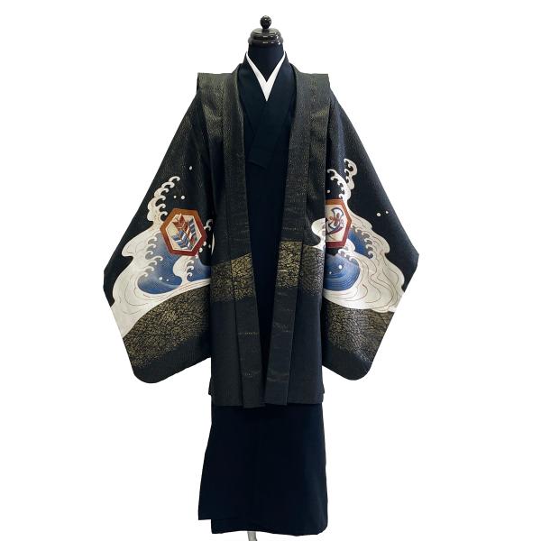 子供 羽織 着物 長襦袢 セット No.803 黒 男の子 七五三 中古  【宅配便/LE2】