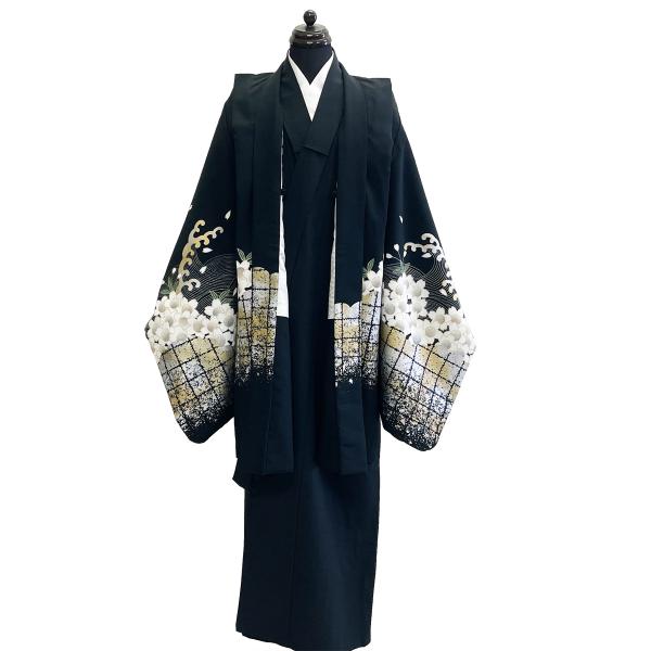 子供 羽織 着物 長襦袢 セット No.807 黒 男の子 七五三 中古  【宅配便/LE2】