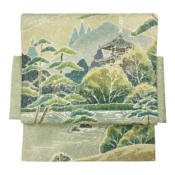 作り帯 付け帯 二重太鼓 No.68 白緑 柳鼠色 風景文様 お太鼓結び 正絹軽装帯 文化帯 在庫処分品 【宅配便】