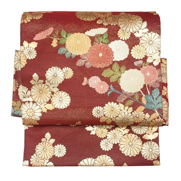 作り帯 付け帯 二重太鼓 No.70 葡萄茶色 御所菊柄 西陣織 お太鼓結び 正絹軽装帯 文化帯 在庫処分品 【宅配便】