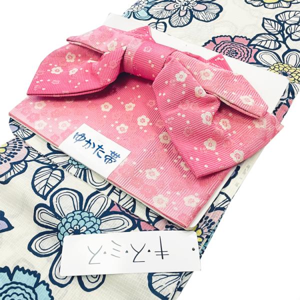 花柄浴衣・帯セット 女性用 浴衣 作り帯 セット 女性用 No.23 生成 花柄 ピンク 梅柄 2点セット