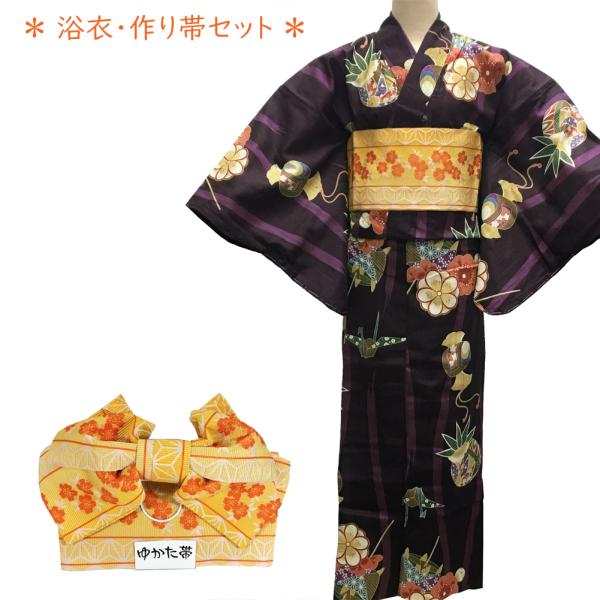 黒紫花柄浴衣と黄色帯セット Tika 浴衣 レディース 50代 フリーサイズ セット 20代 40代 花柄