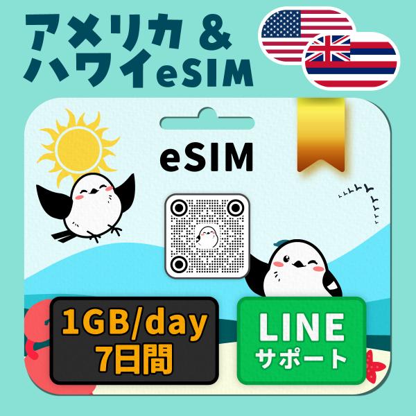 アメリカ＆ハワイeSIM：使用日数：７日間／データ容量：1GB（day）／簡単設定／有効期限90日／最短即日発行／パスポート番号不要／データ通信専用／Verizon
