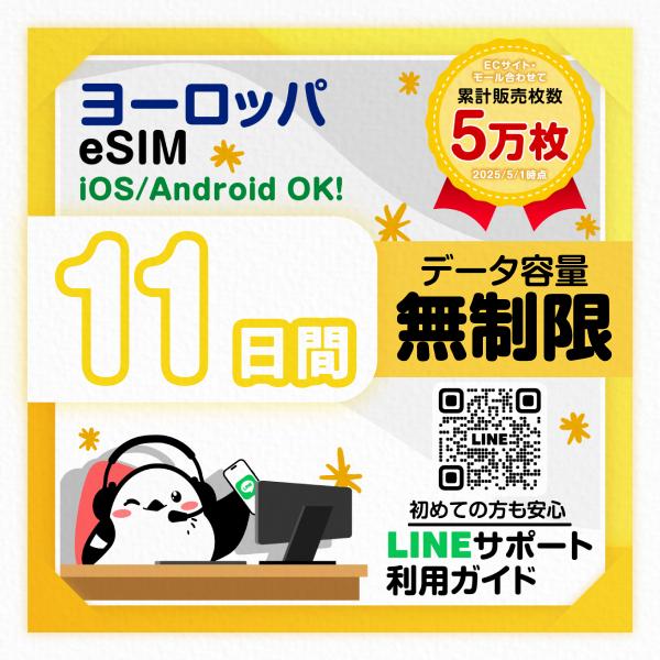 ヨーロッパeSIM：使用日数：11日間／データ容量：無制限／トルコ、フランスなど／有効期限90日／最短即日発行／パスポート番号不要／データ通信専用