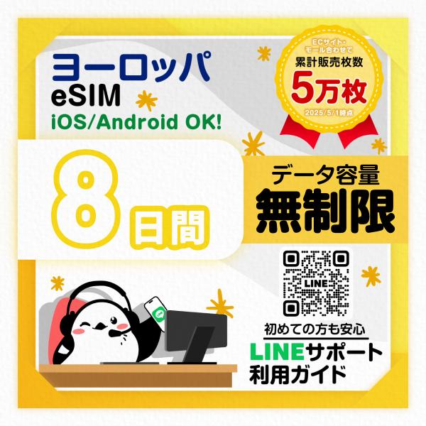 ヨーロッパeSIM：使用日数：８日間／データ容量：無制限／トルコ、フランスなど／有効期限90日／最短即日発行／パスポート番号不要／データ通信専用