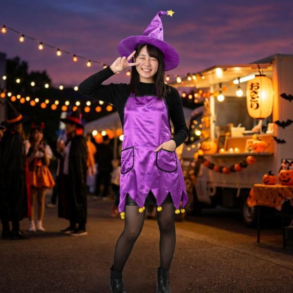 ハロウィン 仮装 コスプレ 魔女 エプロン パープルウィッチセット 帽子付き レディース ML相当 友愛玩具 HW-1794