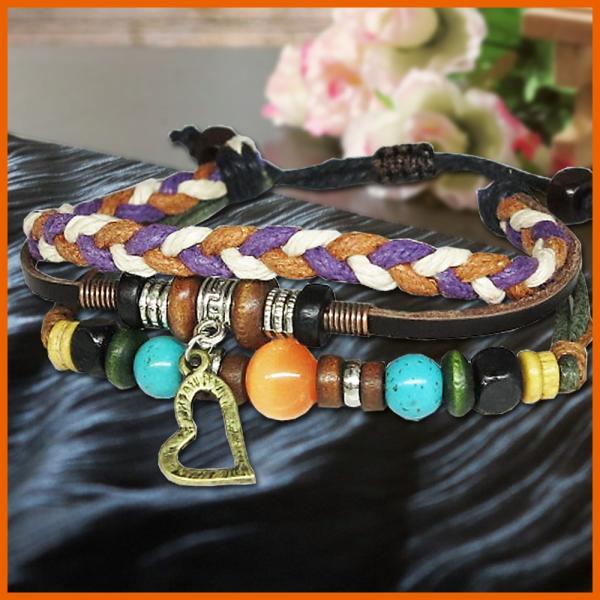 BUL31C☆本革 ブレスレット☆ハート チャーム☆フリーサイズ