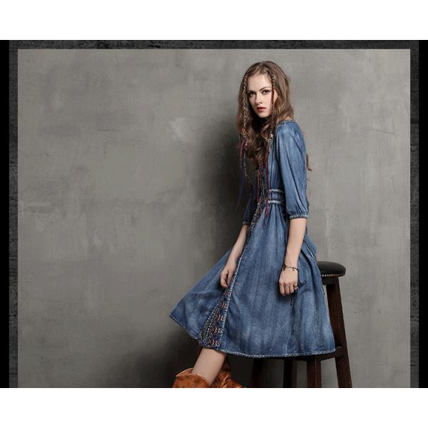 デニムワンピ 五分袖 秋服 秋コーデ ボヘミアン エスニック シャツワンピース おしゃれ 膝丈 Wata リラークショップ 通販 Yahoo ショッピング