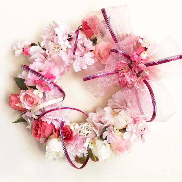 春の花束リース♡ハンドメイドリース さくら満開の 春のリース 手作り ハンドメイドリース fw-15