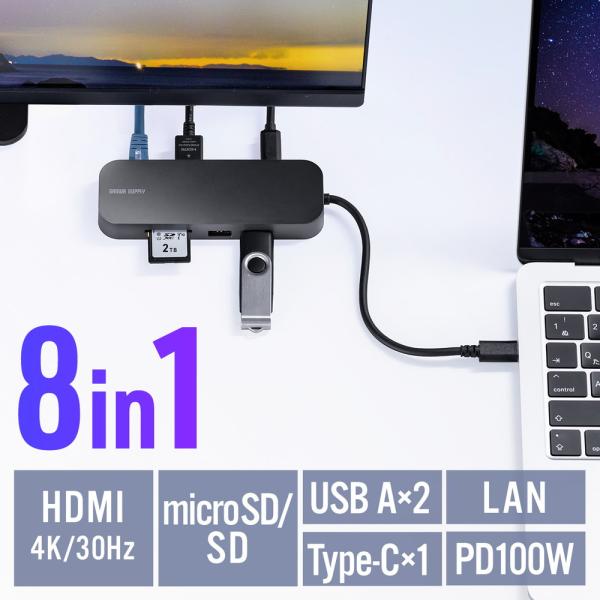 USB-C モバイルドッキングステーション 8-in-1 HDMI 1画面 PD100W 急速充電 SD/microSDカードリーダー 有線LAN USB-A 4K/30Hz 5Gbps USB・ ネコポス対応