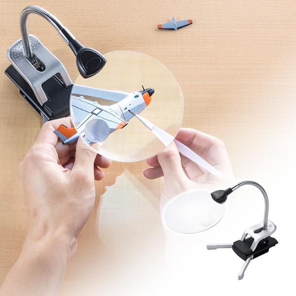 ●値下げ●自立可能なスタンド型で、両手で作業しながら使用できる、クリップ付きスタンドルーペ。LEDライト付きで、手元が明るく見やすい。作業効率の良い、レンズ直径11cmの大型レンズ。机に挟んで設置可能。＜関連キーワード＞スタンドルーペ 拡大...