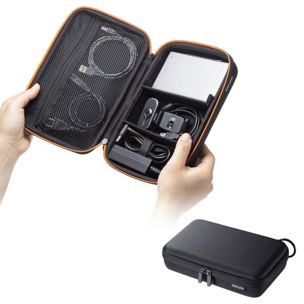 セミハードガジェットケース Lサイズ モバイルバッテリー アダプタ 小物収納 仕切り付き ブラック IN-HDAD2BK サンワサプライ