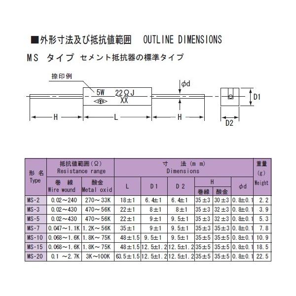 TDO抵抗器 角形セメント抵抗器 20W MS-20 22ΩJ (10個入)