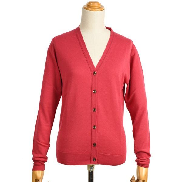 英国製 ジョンスメドレー 30Gメリノウール Vネックカーディガン レッド M JOHN SMEDLEY（ジョンスメドレー） 秋冬 レディース 長袖Vネック