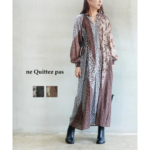 【ne Quittez pas ワンピース】 Cotton Dress NE QUITTEZ PAS!（ヌキテパ） Cotton Rayon Patchwork Flower Print
