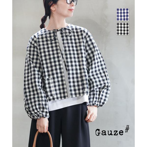 ガーゼ ギンガムランタンスリーブブラウス Gauze# レディース 国内正規