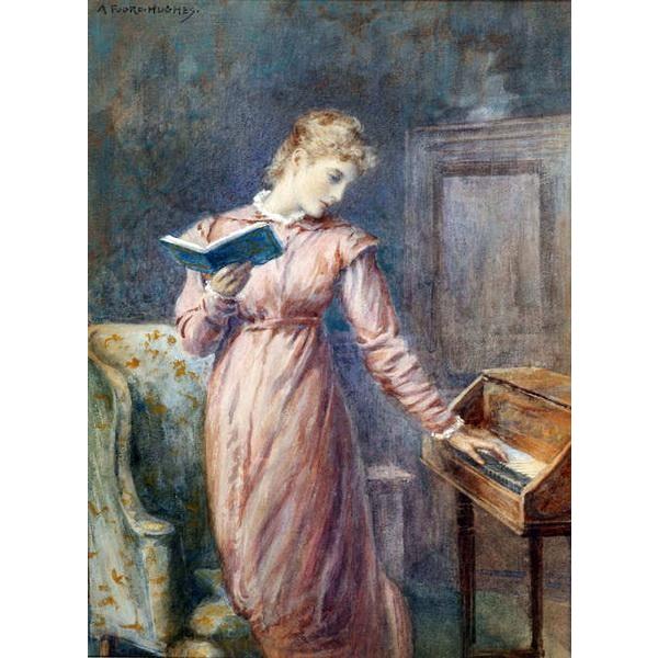 油絵 Arthur Foord Hughes_スピネットを弾く女 ma1465