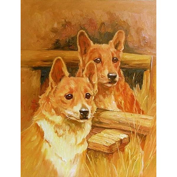 【絵画】犬2匹 油絵 Arthur Wardleの名作_2匹のコーギー犬 ma509 : 絵画制作