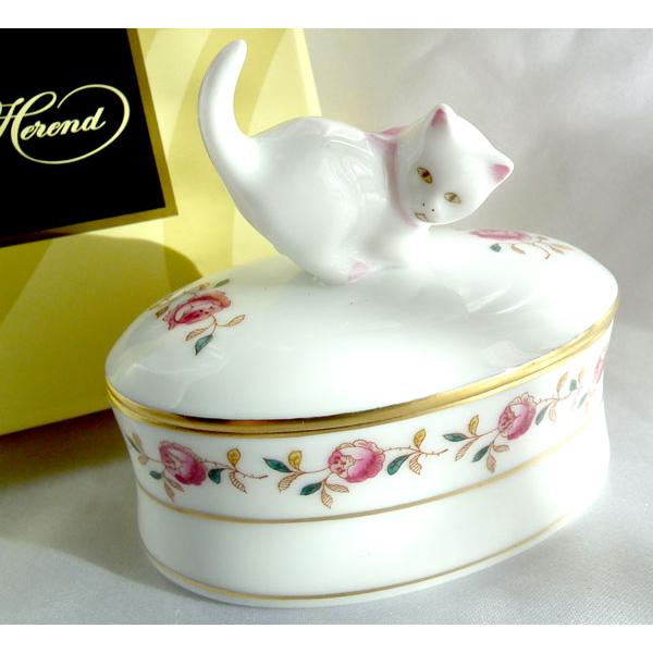 ヘレンド　置物　小物入れ　猫 ヘレンド(Herend) ねこ 置物 猫と金魚鉢 ピンクの鱗模様(VHP-15710
