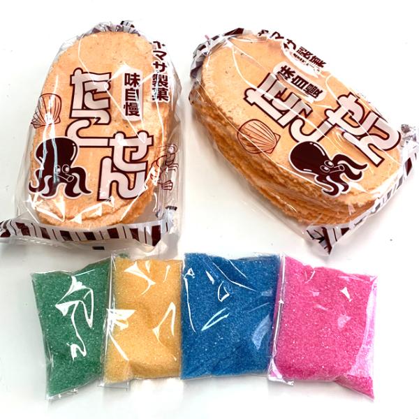 セット内容／たこせんべい40枚（20枚×2袋）、ＮＥＷ落書きせんべい用シュガーザラメ　100g入×4色※こちらのセットには、落書きせんべい用シロップは付属しておりません。 　 カキ氷用シロップやガムシロップ、砂糖を溶かしても代用できますので...