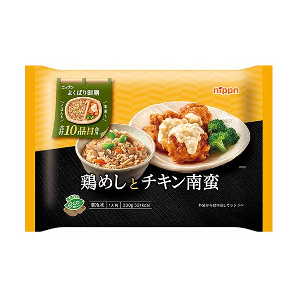 【商品説明】ふっくら食感の鶏めしと具材感のあるタルタルソースのチキン南蛮のセット。【栄養成分表】1食（300g）あたり　エネルギー531kcal、たんぱく質17.1g、脂質17.7g、炭水化物75.9g、カリウム381.0mg、リン207....