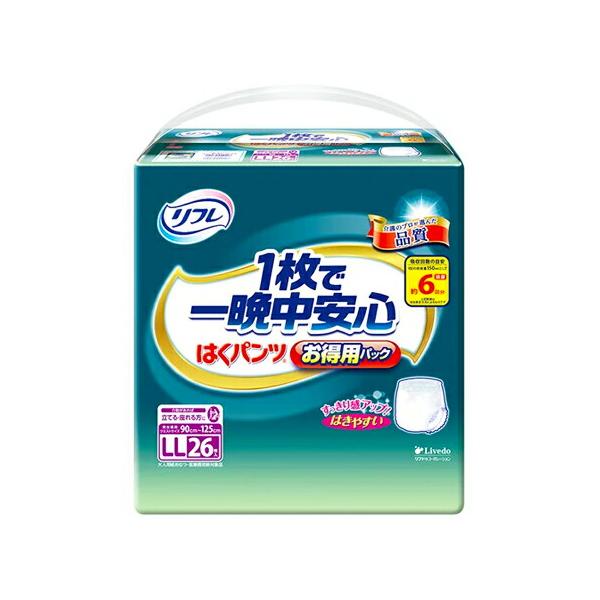 １枚はくだけで夜も安心の吸収力！うす型長時間安心パンツおしっこ6回分吸収（1回の排尿量150ml※当社測定方法）・介助があれば立てる・座れる方に ■商品名　 はくパンツ １枚で一晩中安心 LLサイズ（お得用パック）■ウエストサイズ　 90c...