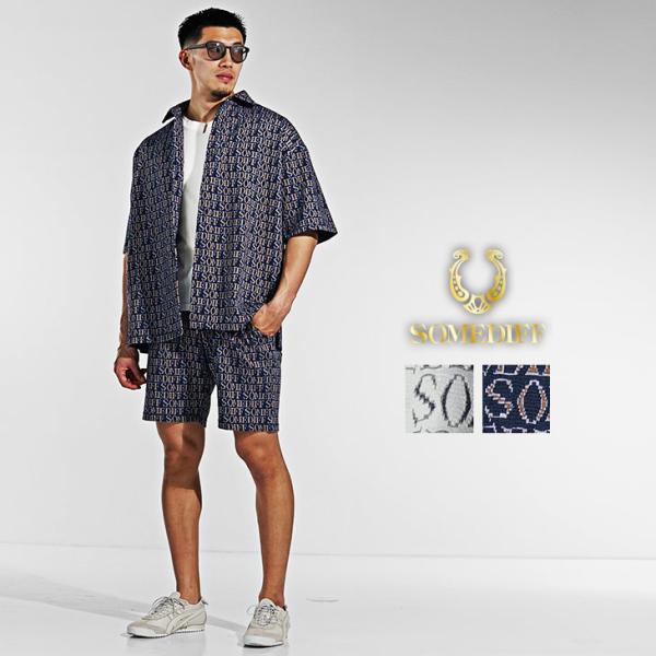 8YARDS ハチヤーズ　総柄　セットアップ　シャツ　ハーフパンツ　メンズ　ロゴ evergreen92_ssp7894a