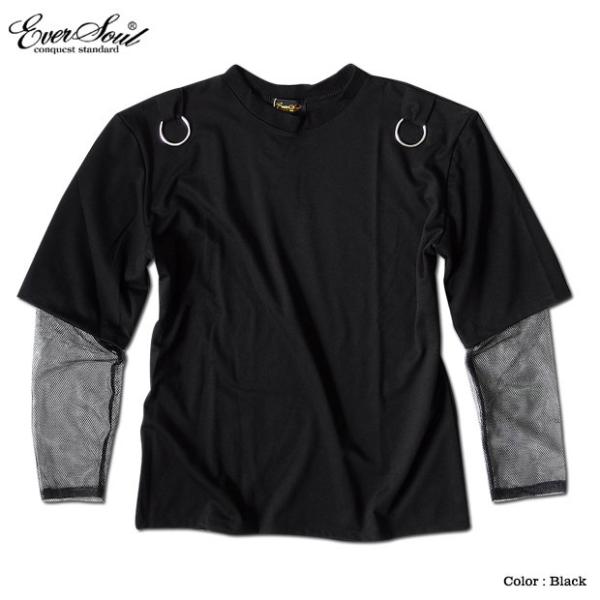 EVERSOUL ロンT カットソー メンズ フェイクレイヤード メッシュ ワイドシルエット オーバーサイズ モード パンク ゆったり ドロップショルダー 春 夏