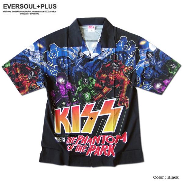 KISS キッス シャツ 半袖シャツ グッズ メンズ ブラック 総柄 プリント 派手 ボタン ハワイアンシャツ アロハシャツ バンド メンバー アパレル