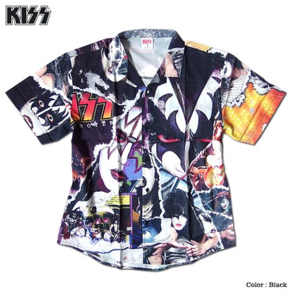 KISS キッス シャツ 半袖シャツ グッズ メンズ ブラック 総柄 コラージュ プリント 派手 ボタン ハワイアンシャツ アロハシャツ バンド メンバー アパレル